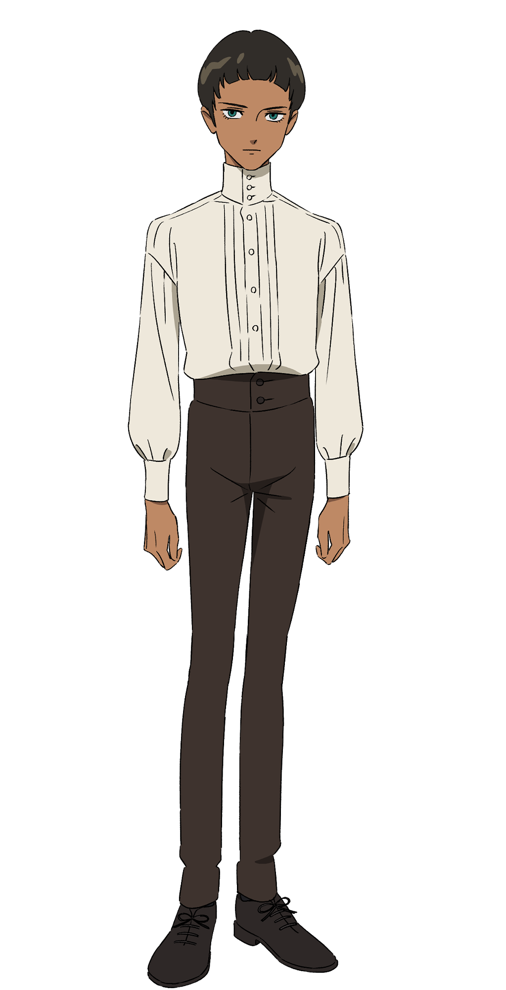 1boy arched_bangs atharv black_hair black_pants black_shoes dark-skinned_male dark_skin dress_shoes full_body green_eyes gundam gundam_gquuuuuux high-waist_pants highres looking_at_viewer male_focus official_art pants pleated_shirt puffy_sleeves shirt shoes short_hair simple_background solo standing tan transparent_background white_shirt