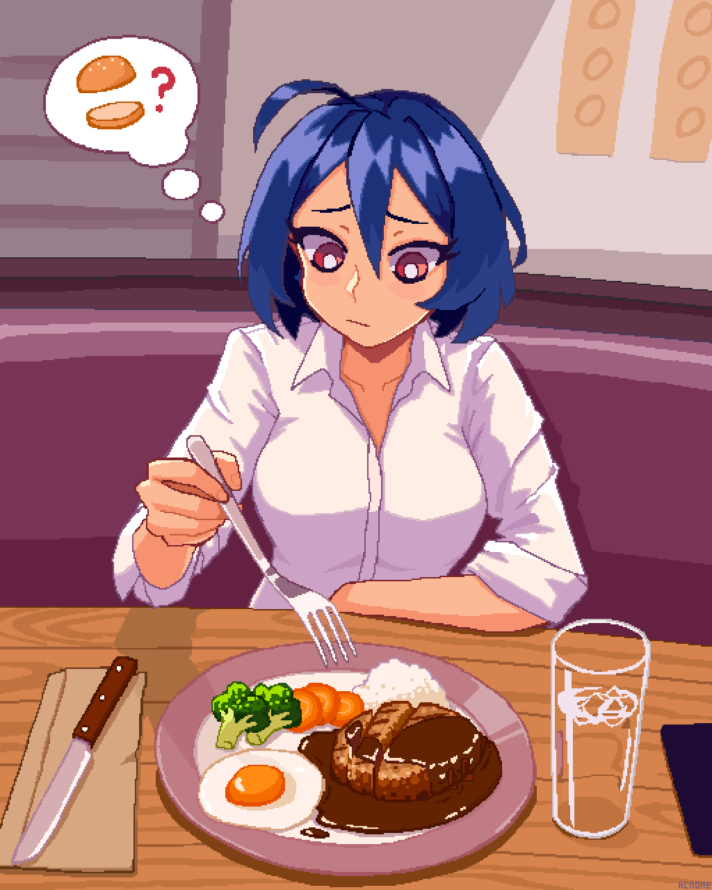 1girl ahoge blue_hair bright_pupils broccoli closed_mouth collared_shirt commentary egg_(food) endless_monday:_dreams_and_deadlines english_commentary food fork glass hamburger_steak hcnone highres holding holding_fork knife looking_down original paper_towel pixel_art red_eyes rice shirt skye_(hcnone) sleeves_rolled_up solo speech_bubble table thinking thought_bubble upper_body water white_pupils white_shirt wooden_table