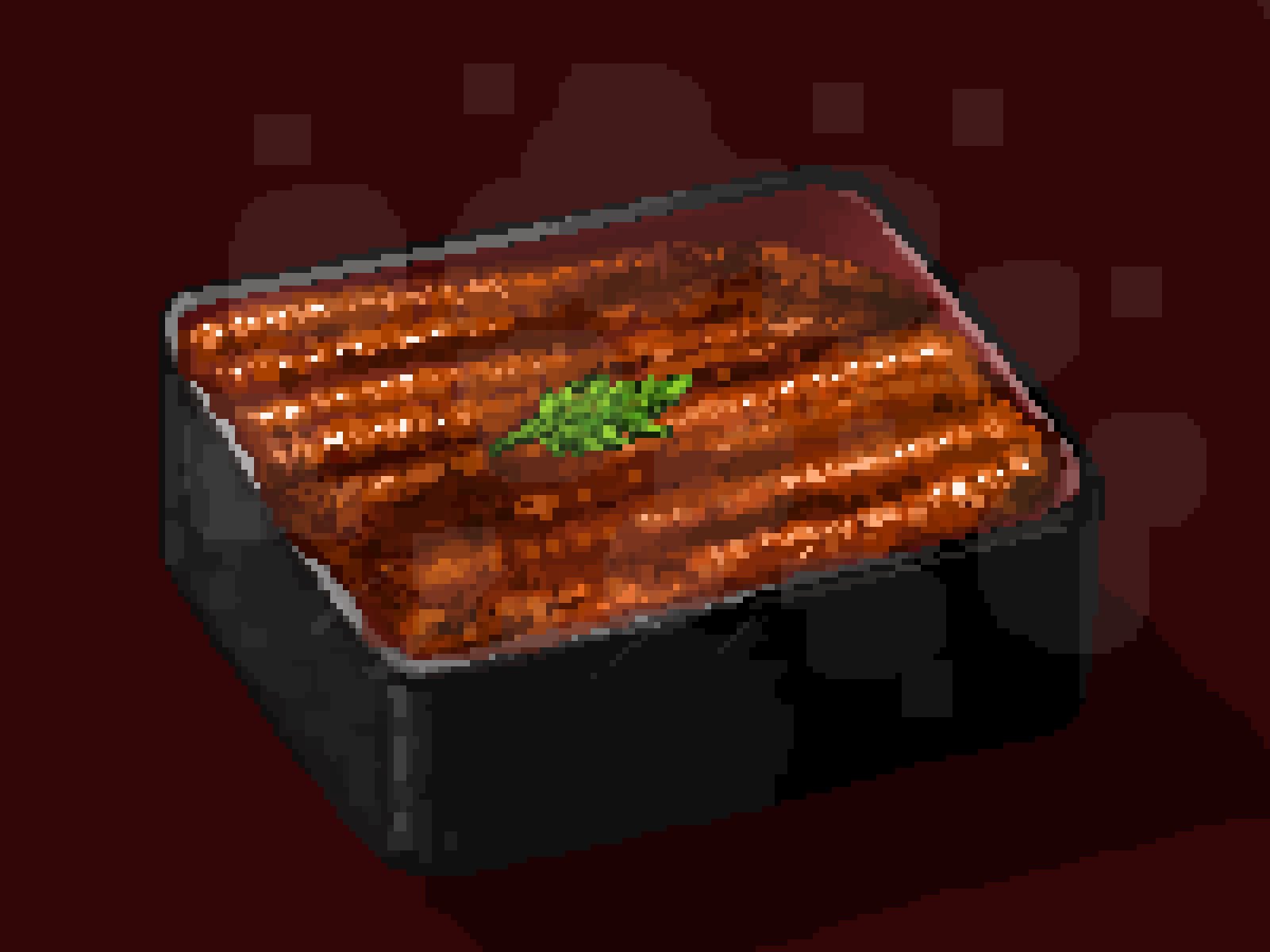 bento box fish_(food) food_focus garnish grilled_eel highres hisachan55cute no_humans original pixel_art red_background scenery simple_background steaming_food