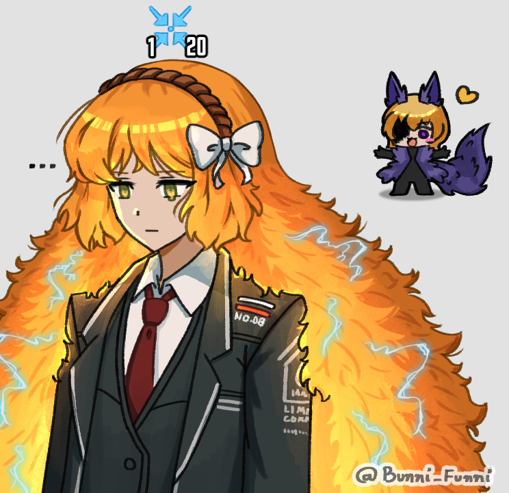 ... 2girls animal_ears black_coat black_vest blonde_hair blush_stickers bow burn_scar coat collared_shirt don_quixote_(project_moon) e.g.o_(project_moon) funnibunni fur_coat gameplay_mechanics green_eyes grey_background hair_bow headband heart ishmael_(project_moon) limbus_company long_hair multiple_girls necktie orange_hair project_moon purple_coat purple_eyes purple_fur red_necktie rope scar shirt short_hair simple_background static_electricity tail telepole_(e.g.o) twitter_username very_long_hair vest white_shirt wolf_ears wolf_tail