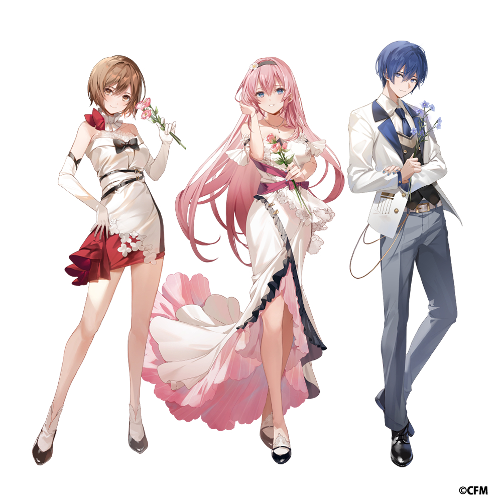 1boy 2girls blazer blue_eyes brown_eyes brown_hair copyright_name crossed_ankles detached_collar dress dress_pants dress_shirt dress_shoes elbow_gloves flower full_body gloves hairband hand_in_own_hair hand_on_own_hip high_heels holding holding_flower jacket kaito_(vocaloid) kanda_done long_hair megurine_luka meiko_(vocaloid) multiple_girls necktie off-shoulder_dress off_shoulder official_art pink_hair purple_eyes purple_hair shirt short_hair simple_background smile standing tachi-e vocaloid white_background