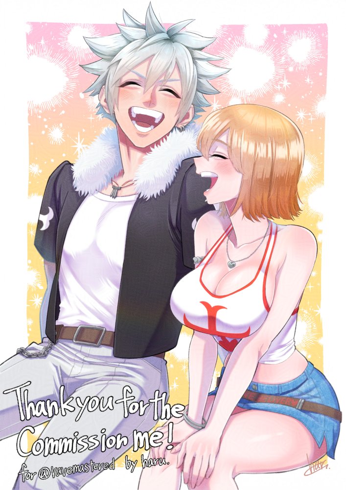 1boy 1girl breasts cleavage elie haru_glory jewelry large_breasts midriff necklace open_mouth rave_(manga) skirt smile teeth thighs