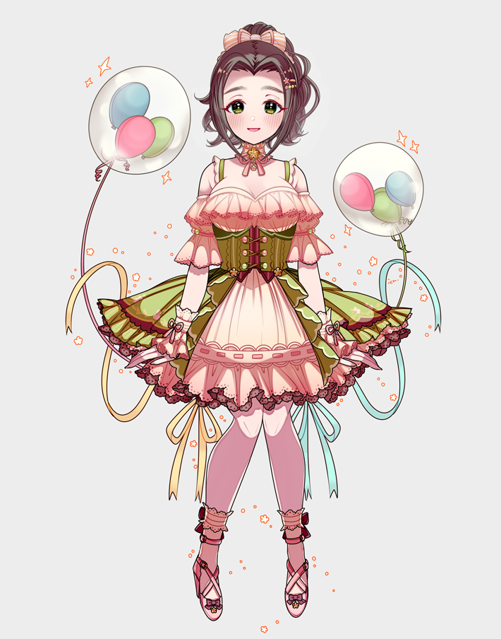 1girl aqua_ribbon arms_at_sides balloon bare_shoulders black_hair bow breasts cleavage curtained_hair dress ebihara_naho eyelashes fingernails frilled_dress frilled_socks frilled_wrist_cuffs frills full_body green_dress green_eyes grey_background hair_bow high_heels high_ponytail ich. idol idol_clothes idolmaster idolmaster_cinderella_girls idolmaster_cinderella_girls_starlight_stage knees_together_feet_apart large_breasts off-shoulder_dress off_shoulder official_alternate_costume open_mouth pink_shoes ponytail ribbon shoes short_sleeves sidelocks simple_background smile socks solo sparkle standing straight-on underbust wavy_hair white_bow white_socks white_wrist_cuffs wrist_cuffs yellow_ribbon
