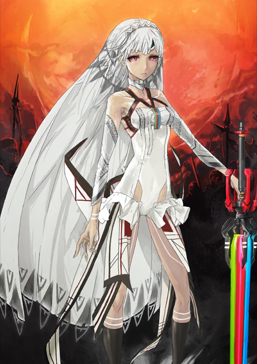 1girl altera_(fate) arm_at_side bare_shoulders battlefield black_socks breasts closed_mouth clothing_cutout collarbone dark-skinned_female dark_skin detached_sleeves expressionless fate/grand_order fate_(series) feet_out_of_frame full-body_tattoo hand_on_hilt holding holding_sword holding_weapon huke legs_apart leotard long_veil looking_at_viewer official_art orange_background photon_ray_(fate) red_eyes socks solo standing sword tattoo third-party_source veil weapon white_hair white_leotard white_sleeves white_veil