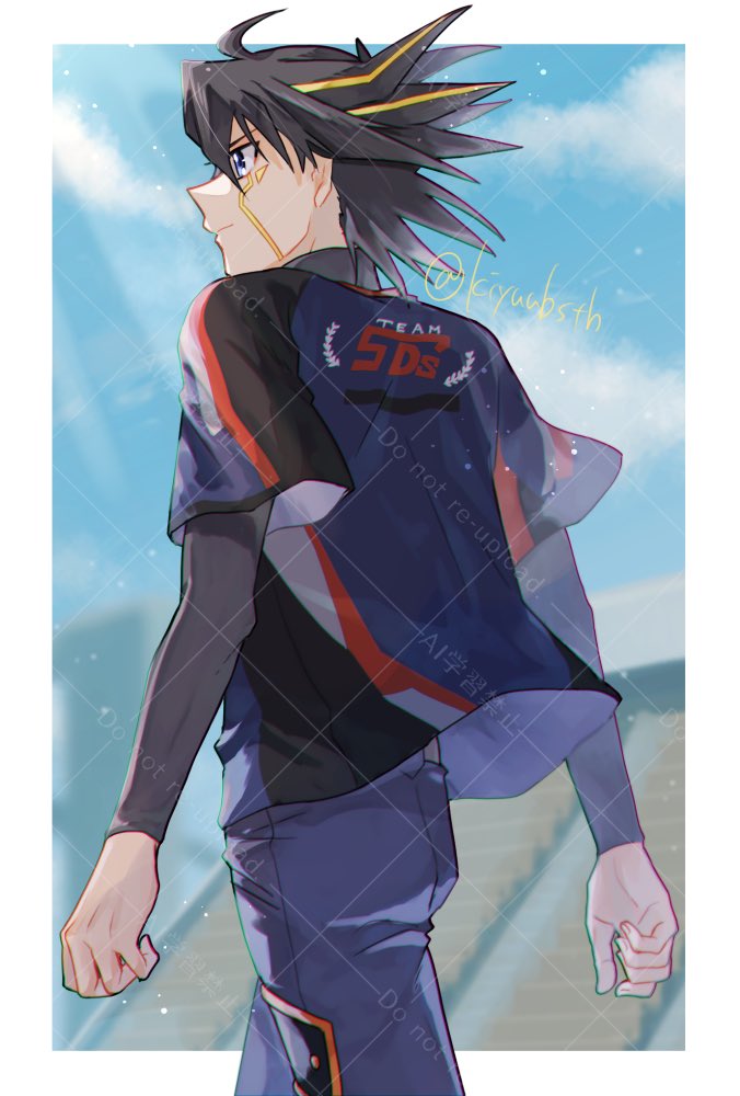 1boy black_hair blonde_hair blue_pants blue_shirt blurry blurry_background border cowboy_shot facial_mark from_behind fudo_yusei kiyuubsth male_focus medium_hair multicolored_hair pants shirt solo spiked_hair streaked_hair two-tone_hair walking watermark white_border yu-gi-oh! yu-gi-oh!_5d&#039;s