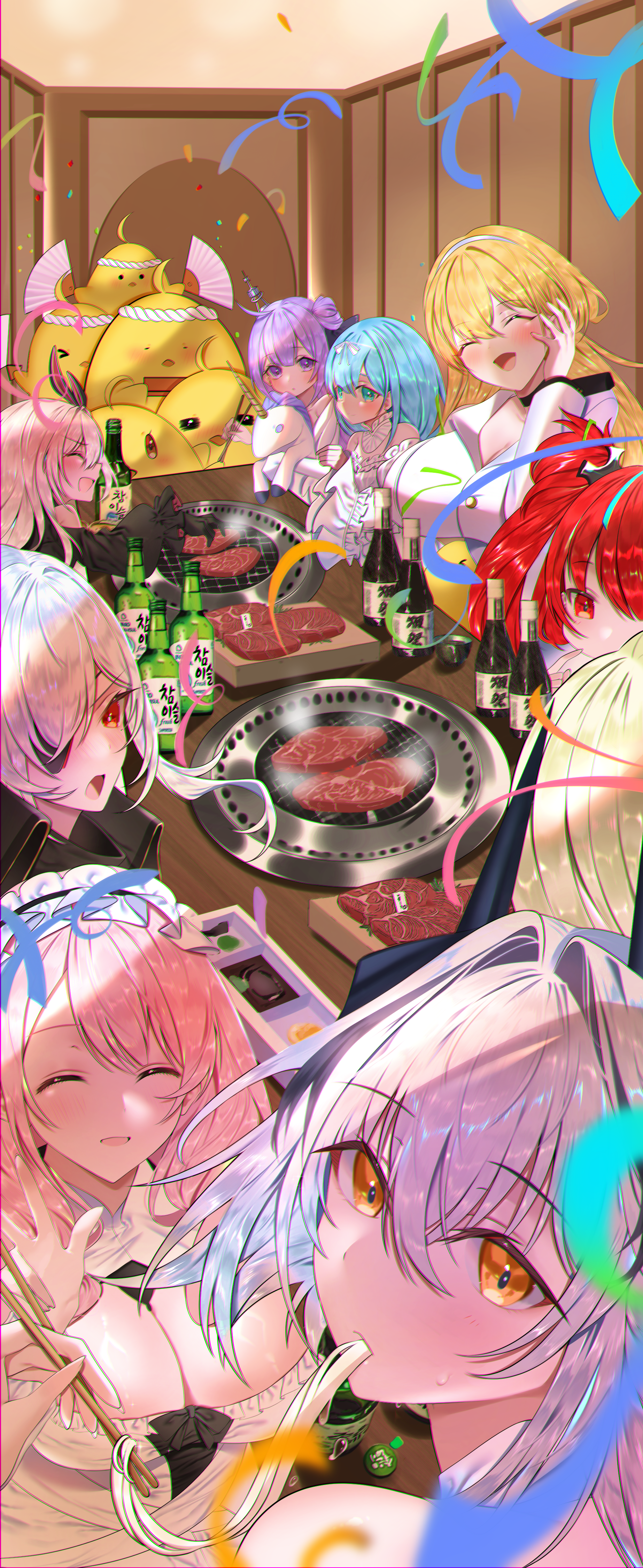 6+girls absurdres azur_lane beer_bottle black_gloves black_horns blonde_hair blue_hair blush breasts chromatic_aberration cleavage closed_mouth dress eating food frilled_dress frilled_hairband frills fritz_rumey_(azur_lane) gloves grill hair_intakes hairband hand_fan heavy_chromatic_aberration highres holding holding_stuffed_toy horns janus_(azur_lane) kursk_(azur_lane) large_breasts looking_at_viewer manjuu_(azur_lane) meat multiple_girls north_carolina_(azur_lane) orange_eyes pink_hair purple_hair red_hair smu_(xhsg8274) stuffed_animal stuffed_toy stuffed_winged_unicorn theseus_(azur_lane) u-1206_(azur_lane) u-31_(azur_lane) unicorn_(azur_lane) waving white_dress white_hair yakiniku