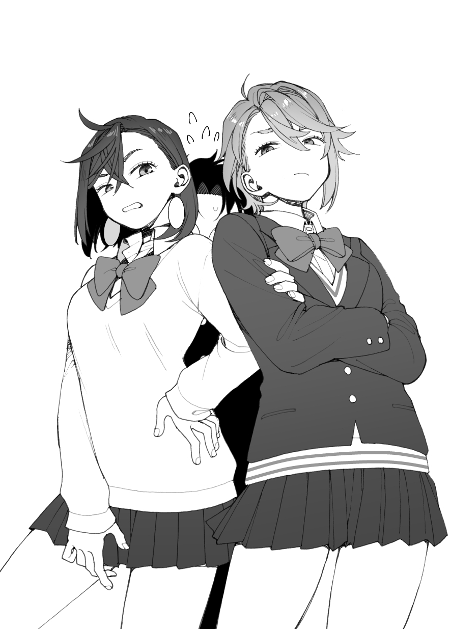 1boy 2girls ayase_momo bow bowtie collared_shirt crossed_arms dandadan flying_sweatdrops glasses greyscale hair_between_eyes hand_on_own_hip highres jacket miniskirt monochrome multiple_girls pleated_skirt poo_(pitind) red_bow red_bowtie shiratori_aira_(dandadan) shirt short_hair simple_background skirt sweat sweater takakura_ken_(dandadan)