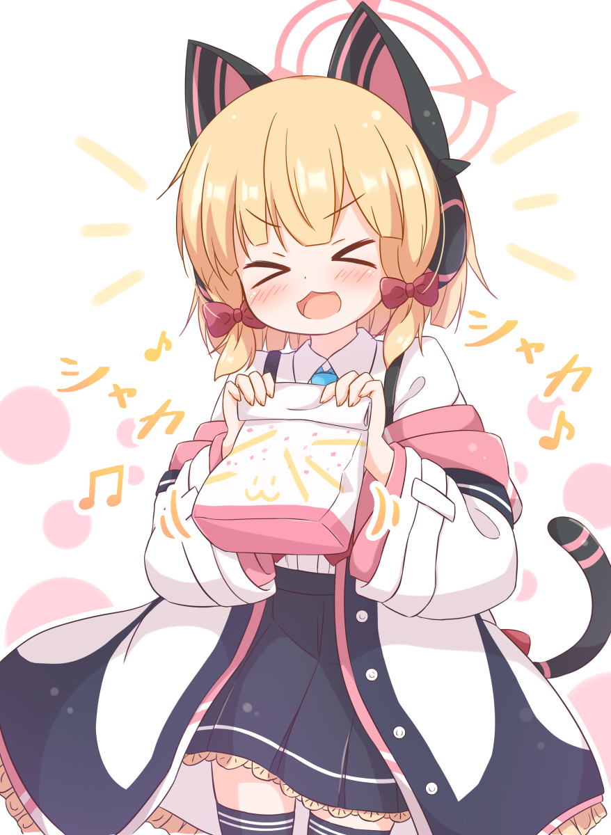 1girl animal_ear_headphones animal_ears araki495 beamed_eighth_notes black_skirt black_thighhighs blonde_hair blue_archive blue_necktie blush bow cat_tail closed_eyes collared_shirt cowboy_shot eighth_note fake_animal_ears hair_bow halo headphones highres holding jacket long_sleeves momoi_(blue_archive) motion_lines musical_note necktie open_clothes open_jacket open_mouth pink_halo pleated_skirt red_bow shirt short_hair skirt smile solo tail thighhighs white_jacket white_shirt wide_sleeves