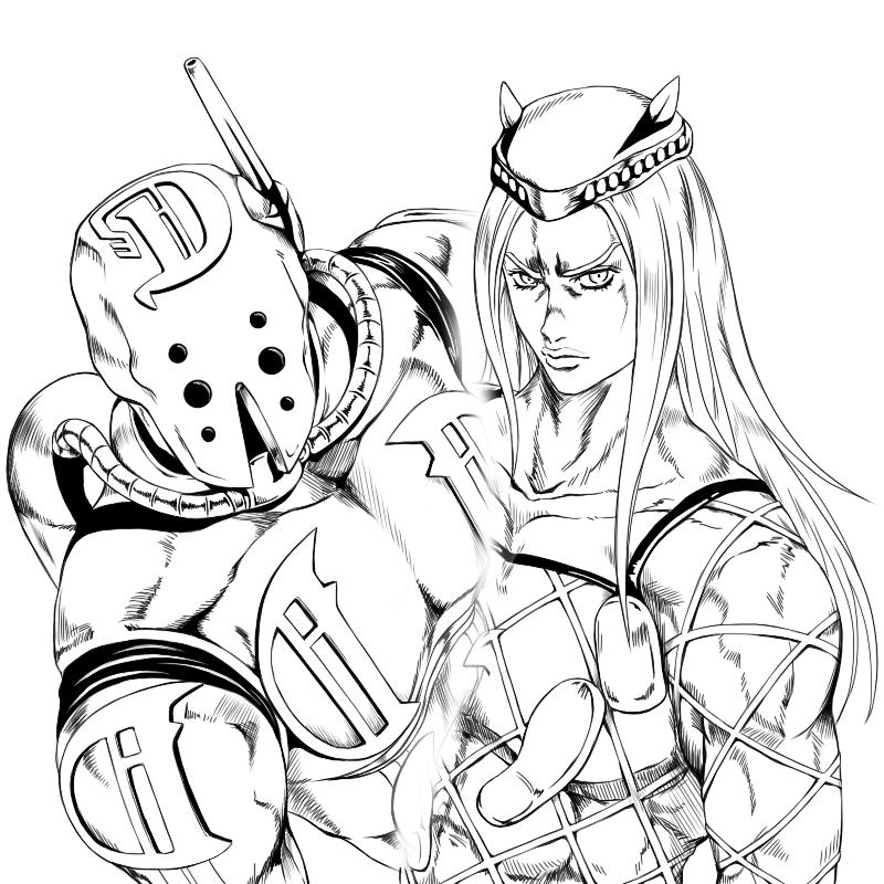 1boy diver_down_(stand) eyelashes greyscale hat jojo_no_kimyou_na_bouken long_hair looking_at_viewer makoto_(4414gf91) male_focus monochrome narciso_anasui shirt simple_background solo stand_(jojo) stone_ocean white_background