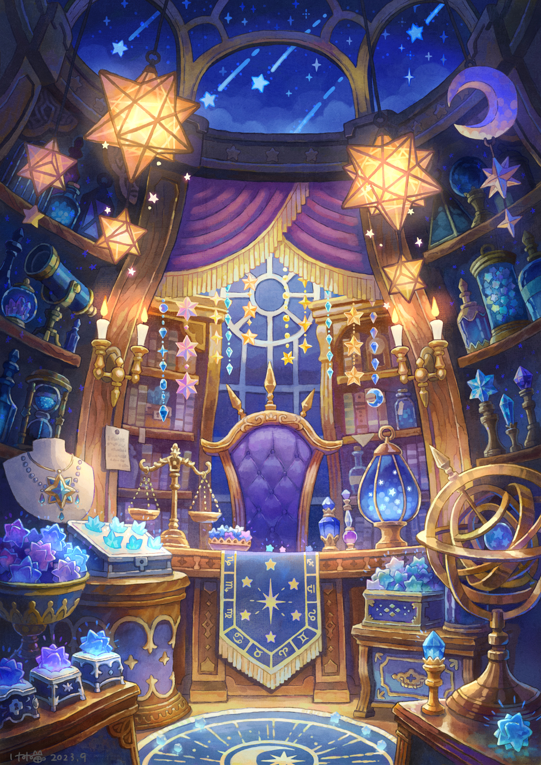 armillary_sphere balance_scale blue_gemstone bookshelf bottle bowl box chair crescent dome gem hanging_light highres hourglass indoors jar jewelry kemi_neko lamp mannequin necklace night no_humans note observatory_dome original paper purple_gemstone rug scenery shooting_star sky skylight small_stellated_dodecahedron star_(sky) star_(symbol) starry_sky stellated_octahedron table tablecloth telescope unworn_jewelry unworn_necklace weighing_scale window