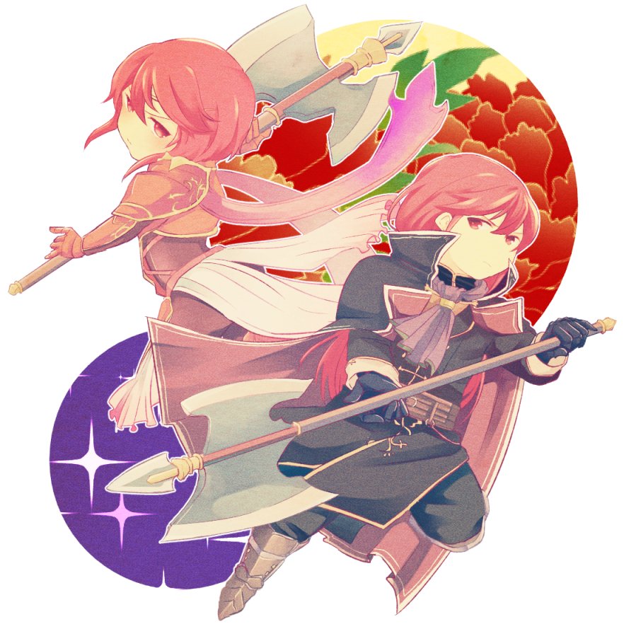 1boy 1girl armor axe brother_and_sister cape chibi fire_emblem fire_emblem:_mystery_of_the_emblem gloves long_hair minerva_(fire_emblem) misheil_(fire_emblem) nintendo nishimura_(shinchinagachi) red_eyes red_hair short_hair siblings weapon