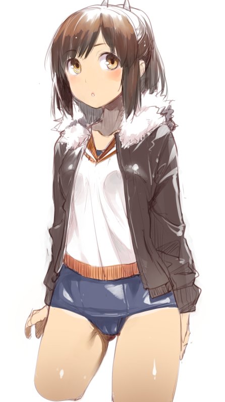1girl blue_one-piece_swimsuit blush brown_eyes brown_hair brown_jacket cowboy_shot fur-trimmed_jacket fur_trim i-401_(kancolle) jacket kantai_collection karochii looking_at_viewer one-piece_swimsuit open_clothes open_jacket parted_lips ponytail school_swimsuit school_uniform serafuku shirt simple_background solo standing swimsuit white_background white_shirt