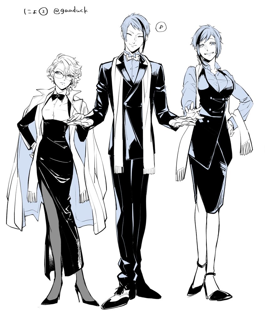 1boy 2girls ^_^ azul_ashengrotto bow bowtie breasts brother_and_sister buttons closed_eyes coat coat_on_shoulders collared_shirt double-breasted dress_shirt earrings closed_eyes facing_viewer floyd_leech formal_clothes full_body genderswap genderswap_(mtf) glasses grin hand_on_another&#039;s_hand hand_on_own_hip high-waist_skirt high_heels holding_hands jacket jade_leech jewelry large_breasts long_skirt looking_at_viewer looking_away miniskirt monochrome multicolored_hair multiple_girls musical_note outstretched_hand pantyhose pencil_skirt shirai shirt shoes short_hair siblings side-by-side side_slit sideways_glance simple_background single_earring skirt smile spoken_musical_note standing stiletto_heels stole streaked_hair traditional_bowtie twins twisted_wonderland vest wing_collar