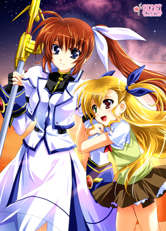 00s 2girls arm_hug blonde_hair blue_eyes brown_hair family fingerless_gloves gloves hair_ribbon heterochromia kanna_(plum) lyrical_nanoha magical_girl mahou_shoujo_lyrical_nanoha mahou_shoujo_lyrical_nanoha_strikers md5_mismatch multiple_girls purple_eyes raising_heart raising_heart_(exceed_mode) resolution_mismatch ribbon school_uniform side_ponytail source_larger takamachi_nanoha takamachi_nanoha_(exceed_mode) vivio