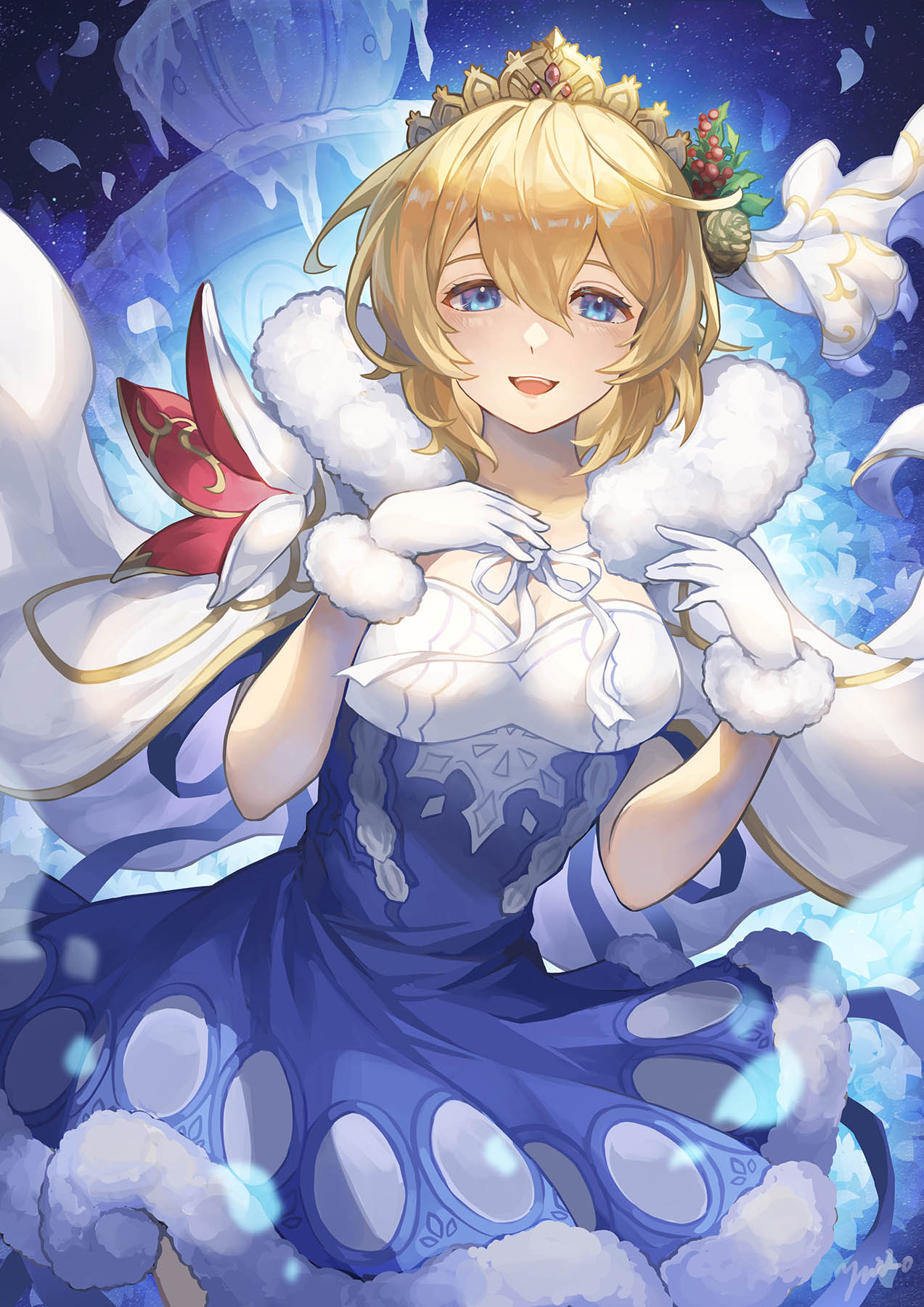 1girl blonde_hair blue_dress blue_eyes breasts cape cowboy_shot dress europa_(granblue_fantasy) europa_(holiday)_(granblue_fantasy) fur-trimmed_cape fur-trimmed_dress fur-trimmed_gloves fur_trim gloves granblue_fantasy highres looking_at_viewer medium_hair official_alternate_costume open_mouth smile solo teeth tiara upper_teeth_only white_cape white_gloves yuiko_(yuiyuiko_108)