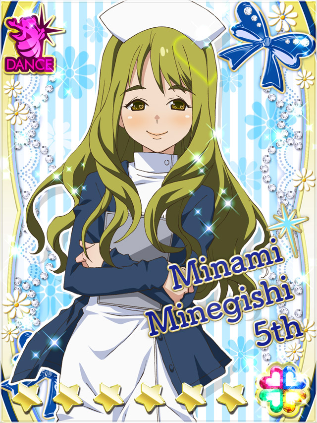 1girl akb0048 blue_jacket card_(medium) character_name clipboard closed_mouth cowboy_shot dress flower green_eyes green_hair hat heart holding holding_clipboard jacket long_hair long_sleeves looking_at_viewer minamino_mikako non-web_source nurse nurse_cap official_art open_clothes open_jacket smile solo sparkle standing star_(symbol) striped_background vertical-striped_background wavy_hair white_dress white_flower white_hat