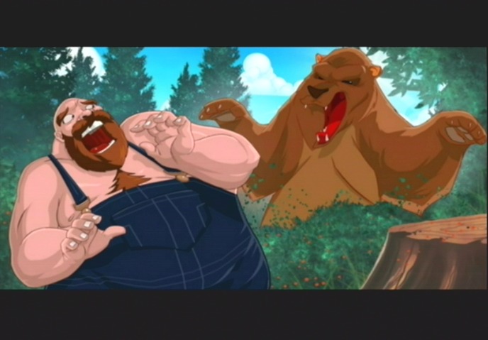 1boy bald bear bear_hugger beard cloud day facial_hair fat fat_man forest mustache nature nintendo outdoors overalls punch-out!! scared sky super_punch-out!! super_punch-out!! tree tree_stump