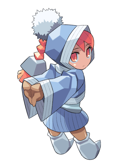 1girl anime_coloring aqua_hat aqua_hood aqua_jacket aqua_shirt aqua_skirt aqua_sleeves archived_source arms_behind_back blue_skirt blunt_bangs boots braid braided_ponytail brown_gloves brown_leggings closed_mouth cropped_jacket deformed final_fantasy final_fantasy_iii full_body geomancer_(final_fantasy) gloves grey_boots hat hood hood_up hooded_jacket itsumo_nokoru jacket leggings long_sleeves no_nose orange_eyes orange_hair pom_pom_(clothes) ponytail refia shirt simple_background skirt solo square_enix stretching white_background wide_sleeves