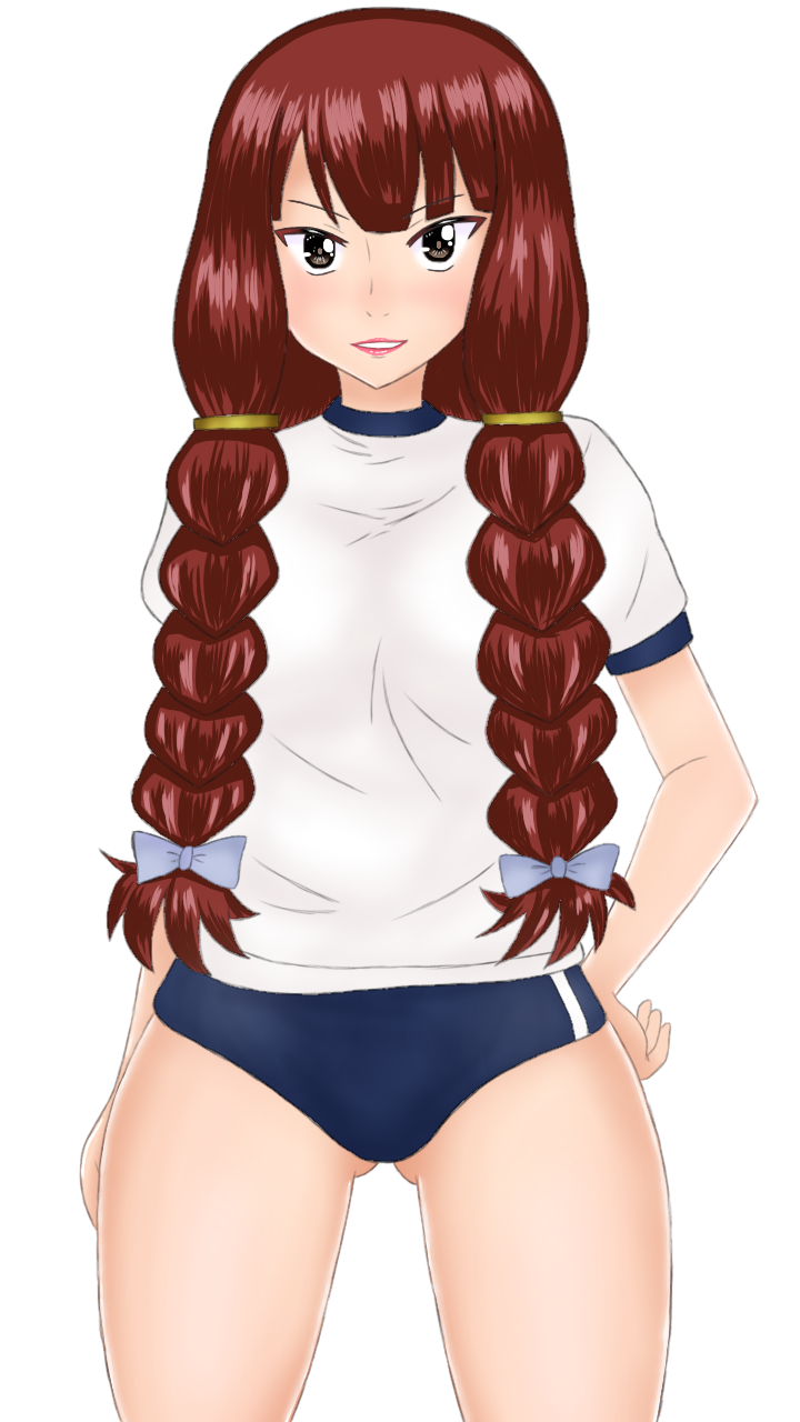 1girl black_eyes blue_bow blue_buruma blush bow braid buruma fairy_tail grin gym_uniform hair_bow hand_on_own_hip highres irene_belserion long_hair red_hair shibusawa_taka shirt short_sleeves smile teeth twin_braids underwear white_background white_shirt