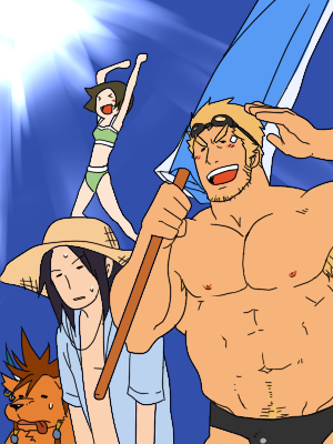 &gt;_&lt; 1girl 3boys abs animal_ears animal_nose armpit_hair armpits bara beard_stubble biceps black_hair black_male_swimwear blonde_hair blue_shirt blue_sky cid_highwind closed_eyes commentary_request facial_hair final_fantasy final_fantasy_vii jumping looking_to_the_side lowres magnum_feering male_swimwear mane multiple_boys muscular muscular_male navel nipples open_mouth pectorals red_fur red_hair red_xiii shirt sky smile stubble summer sunlight sweat sweatdrop swimsuit tongue tongue_out topless_male very_sweaty vincent_valentine yuffie_kisaragi