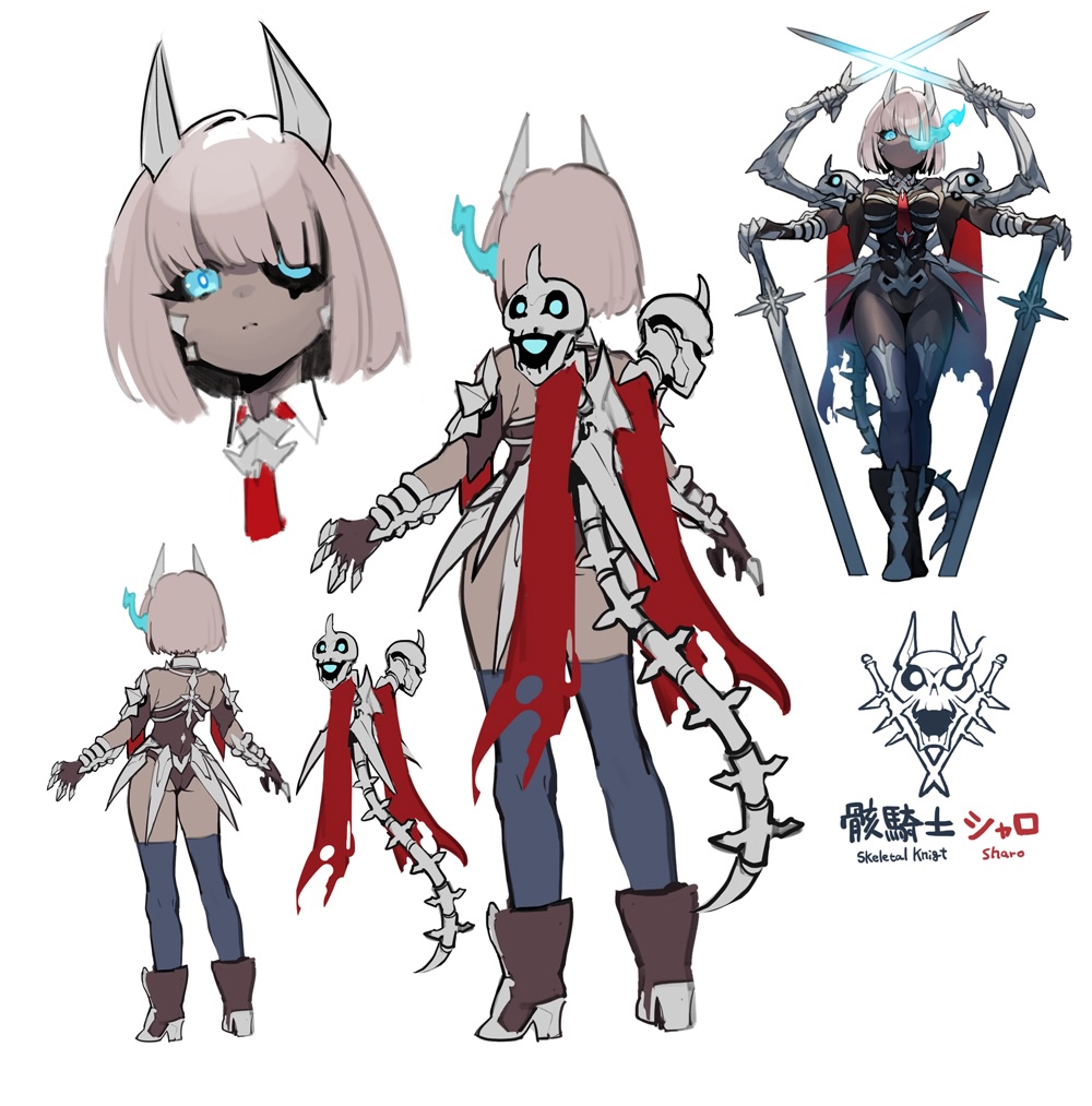 1girl baniran_dorosu black_leotard black_pantyhose black_sclera blue_eyes bone_tail breasts cape colored_sclera colored_skin extra_arms flaming_eye flat_color from_behind full_body grey_skin hair_over_one_eye hand_on_hilt holding holding_sword holding_weapon horns leotard medium_breasts multiple_views necktie original pantyhose planted planted_sword planted_weapon quadruple_wielding red_necktie short_hair skull standing sword torn_cape torn_clothes weapon white_background white_hair