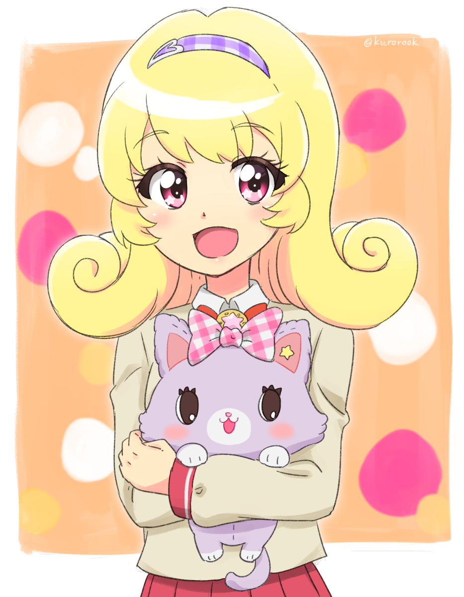 1girl :d beige_jacket blazer blonde_hair border bow bowtie checkered_bow checkered_clothes checkered_hairband collar commentary curly_hair hairband highres hinata_yume holding holding_stuffed_toy ichigo_junior_high_uniform jacket kurorook long_hair looking_at_viewer mew_(mewkledreamy) mewkledreamy open_mouth orange_background outside_border pink_bow pink_eyes pleated_skirt purple_hairband red_bow red_skirt school_uniform skirt smile star_(symbol) star_in_eye stuffed_animal stuffed_cat stuffed_toy symbol_in_eye twitter_username upper_body white_border white_collar wing_collar