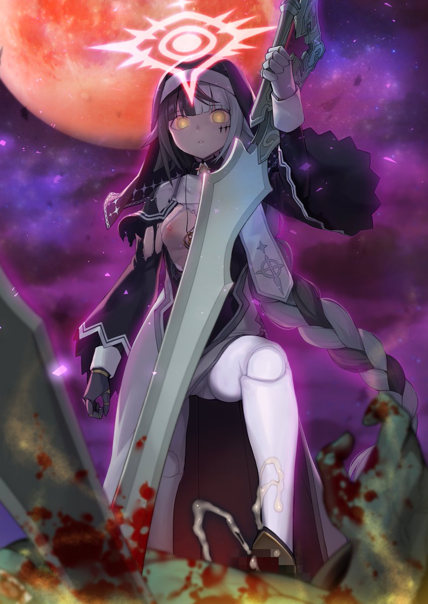 1boy 1girl arrow_cross black_capelet black_hair blood bloody_weapon borrowed_character braid braided_ponytail breasts breasts_out capelet celtic_cross coif commission cross cum doll_joints dress ejaculation facial_mark footjob full_body full_moon gauntlets habit halo highres holding holding_weapon joints long_hair looking_at_viewer moon multicolored_hair night night_sky nipples nun original outdoors parted_lips penis second-party_source skeb_commission sky small_breasts stole torn_clothes torn_dress two-tone_hair veil very_long_hair violet_(ac8231) weapon white_hair yellow_eyes yuzuriha_(active_homing)