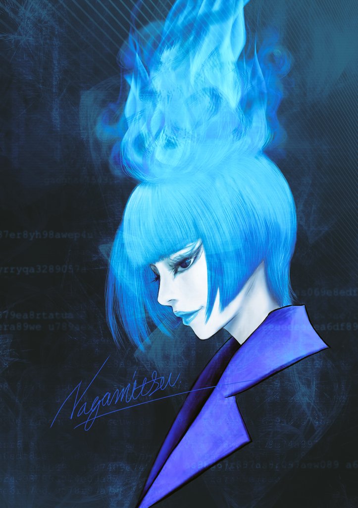1girl ancient_greek_clothes animification blue_fire blue_hair blue_lips closed_mouth disney disneyland fiery_hair fire formal_clothes from_side greco-roman_clothes hades_(disney) hercules_(1997_film) himation lipstick long_sleeves makeup mame4ba ms._hades short_hair simple_background solo suit
