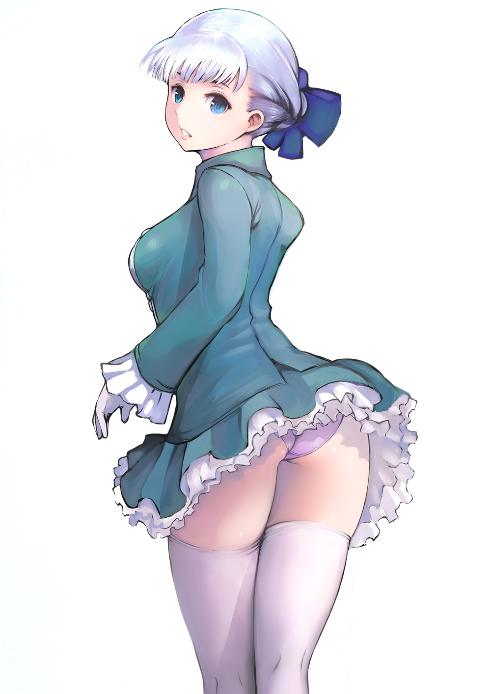 1girl alice_elliot ass blue_eyes blue_ribbon breasts female_focus frilled_skirt frills from_behind gloves hair_pulled_back highres johan_(johan13) lips looking_back medium_breasts panties pantyshot pink_panties ribbon shadow_hearts short_hair skirt solo standing thighhighs underwear white_background white_gloves white_hair white_thighhighs