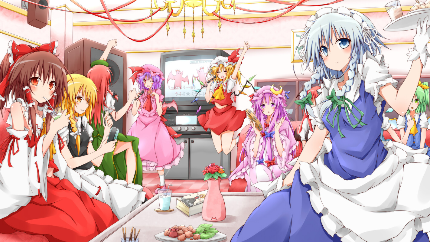 6+girls apron ascot bat_wings blonde_hair bow braid brown_eyes brown_hair cirno crescent cup daiyousei drinking_glass drinking_straw closed_eyes fairy_wings flandre_scarlet flandre_scarlet_(bat) flower food gloves green_eyes green_hair hair_bow hair_ribbon hair_tubes hakurei_reimu hand_up hong_meiling ice ice_wings instrument izayoi_sakuya jumping karamoneeze karaoke kirisame_marisa koakuma long_hair maid maid_apron maid_headdress multiple_girls mystia_lorelei one_eye_closed open_mouth outstretched_arms patchouli_knowledge plate pocky purple_eyes purple_hair raised_fist red_eyes red_hair red_rose remilia_scarlet remilia_scarlet_(bat) ribbon rose rumia shirt short_hair siblings side_ponytail silver_hair single_braid sisters sitting skirt skirt_set smile speaker table tambourine television embodiment_of_scarlet_devil touhou tray twin_braids uu~ vase very_long_hair waist_apron white_gloves wings wink