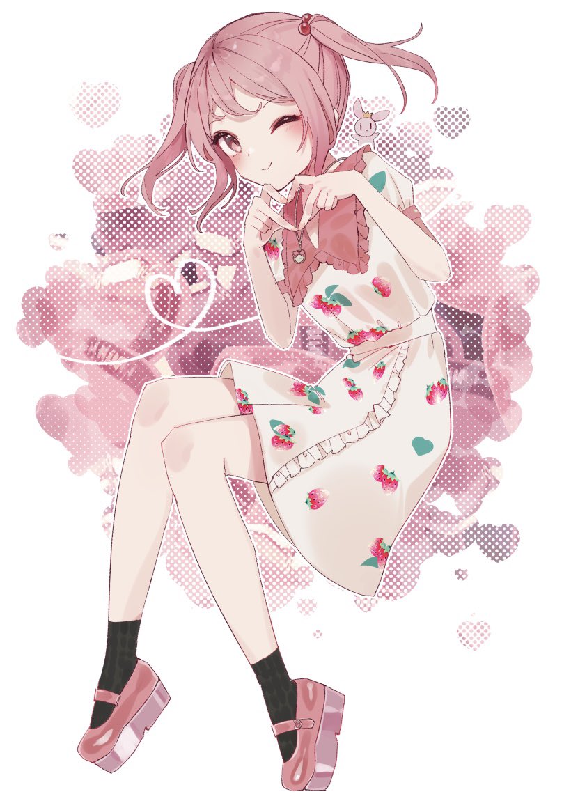 1girl animal black_socks blush closed_mouth dress fingernails food_print fruit_print full_body hair_bobbles hair_ornament heart kantai_collection looking_at_viewer one-hour_drawing_challenge one_eye_closed pink_eyes pink_hair pink_shoes puffy_short_sleeves puffy_sleeves rabbit sazanami_(kancolle) sazanami_(rainy_season)_(kancolle) shoes short_hair short_sleeves smile socks solo strawberry_print twintails white_dress yamashichi_(mtseven)
