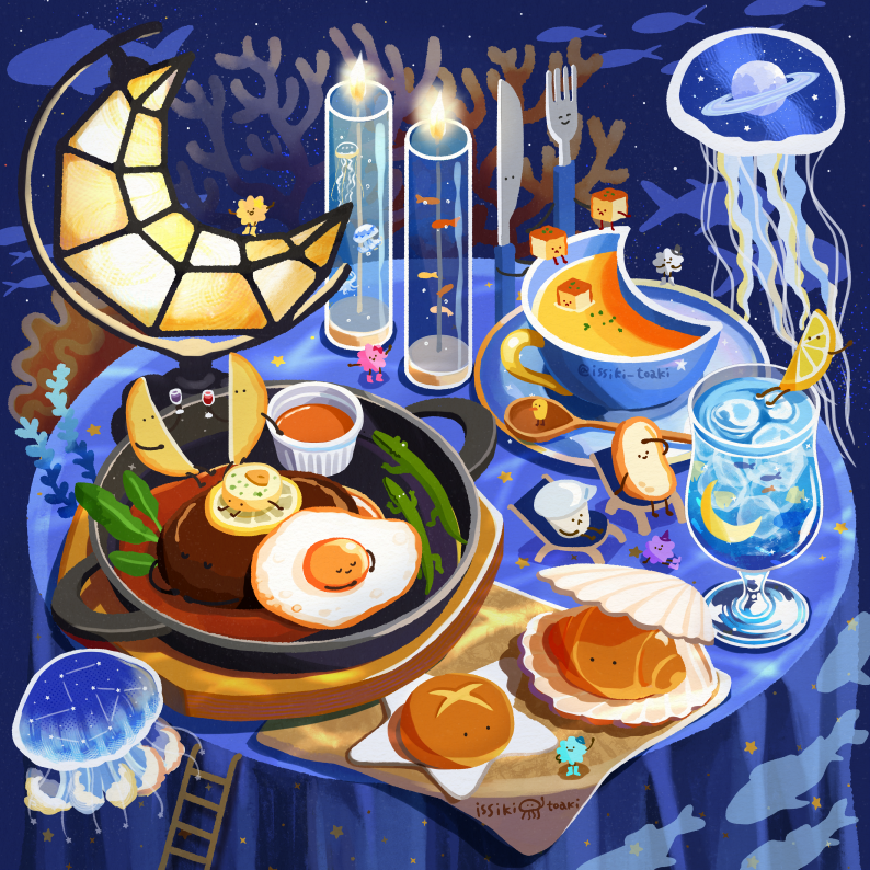artist_name bread bread_slice cat coral cup egg egg_(food) fish food food_focus fork fried_egg fruit glass issiki_toaki jellyfish knife ladder napkin no_humans original plate seaweed spoon star_(sky) star_(symbol) table