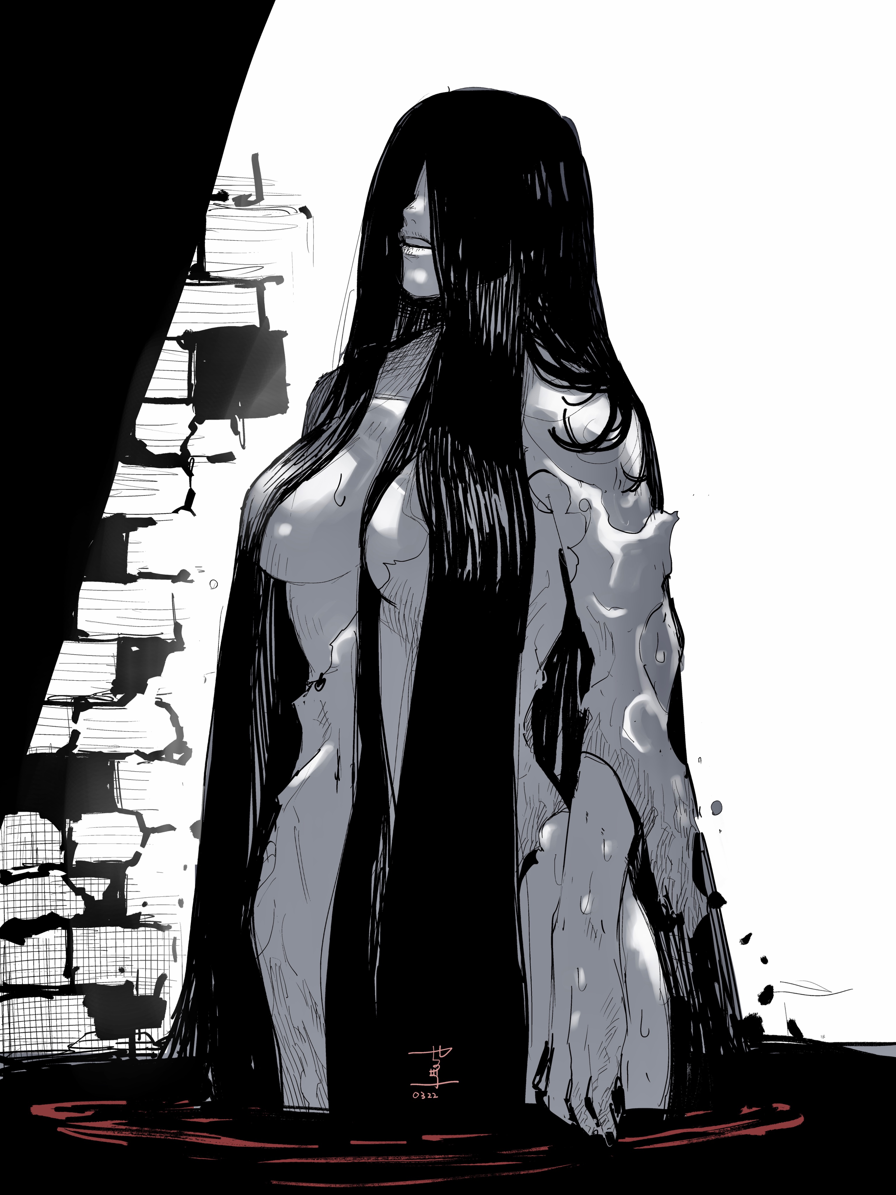 1girl absurdres black_hair breast_slip breasts brick brick_wall dress hair_over_eyes highres large_breasts long_hair manabu_yashiro monochrome parted_lips partially_submerged solo the_ring torn_clothes torn_dress very_long_hair water wet yamamura_sadako