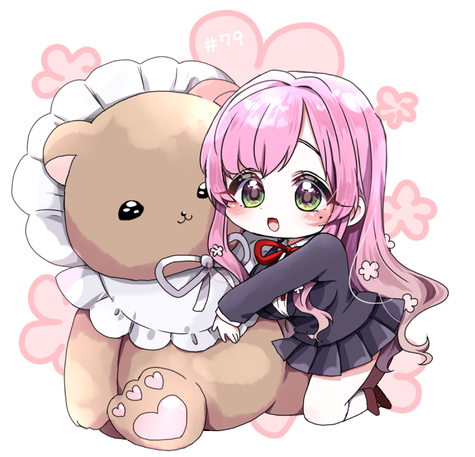 1girl :3 :d bib black_jacket black_skirt blazer blush breasts brown_shoes chibi chibi_only collared_shirt flower flower_symbol gradient_hair green_eyes hair_flower hair_intakes hair_ornament hanazono_hahari heart hug jacket kimi_no_koto_ga_dai_dai_dai_dai_daisuki_na_100-nin_no_kanojo kneehighs kneeling large_breasts large_teddy_bear leaning_on_object loafers long_eyelashes long_hair long_sleeves looking_at_viewer miniskirt mole mole_under_eye multicolored_hair neck_ribbon official_alternate_costume official_alternate_hairstyle ohananomitsu_high_school_uniform open_mouth parted_bangs pink_hair pleated_skirt red_ribbon ribbon school_uniform shirt shoes sidelocks skirt smile socks solo very_long_hair wavy_hair white_background white_shirt white_socks yumenobetsu