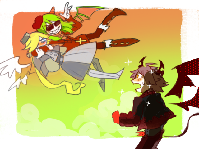1boy 2girls angel_wings blonde_hair blush demon_boy demon_girl demon_horns demon_tail demon_wings dress emalf_(funamusea) froze_(funamusea) funamusea green_hair grey_dress haiiro_teien homiwomi horns jacket multiple_girls red_jacket tail wings yosafire_(funamusea)