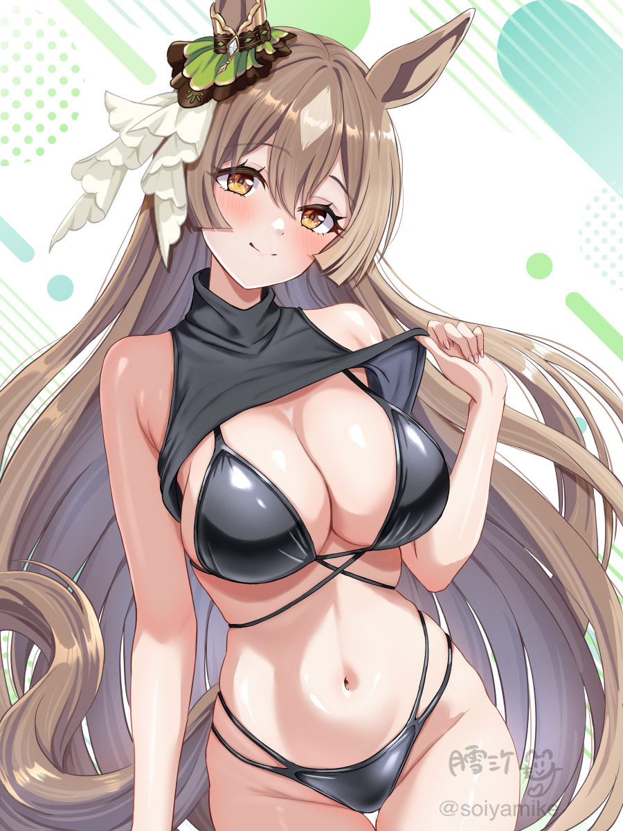 1girl animal_ears bikini black_bikini black_shirt bow breasts brown_hair clothes_lift commentary_request ear_ribbon highres horse_ears horse_girl large_breasts lifting_own_clothes long_hair looking_at_viewer navel satono_diamond_(umamusume) shirt shirt_lift solo swimsuit tsukiyuki_mike umamusume yellow_eyes