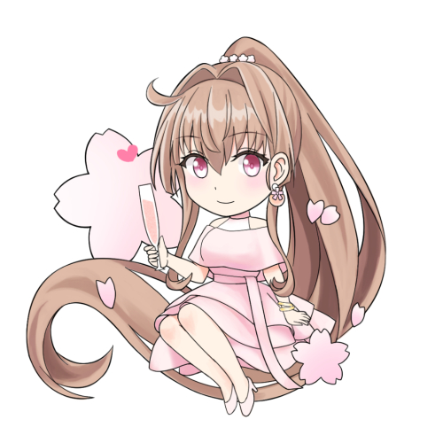 1girl brown_hair champagne_flute cherry_blossoms chibi commentary_request cup dress drinking_glass flower hair_intakes kantai_collection long_hair lowres official_alternate_costume pink_dress ponytail red_eyes simple_background sitting solo takase_asagiri very_long_hair white_background yamato_(kancolle)