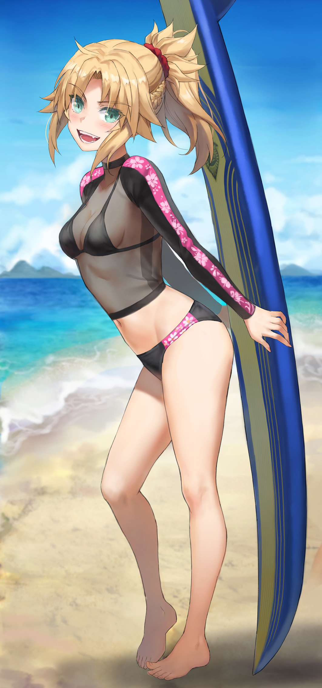 1girl barefoot beach bikini bikini_under_clothes black_bikini black_bodysuit blonde_hair blue_sky bodysuit braid breasts cleavage collarbone fate/grand_order fate_(series) feet floral_print full_body green_eyes half_up_braid heel_up highres legs long_hair looking_at_viewer mordred_(fate) mordred_(swimsuit_rider)_(fate) navel open_mouth outdoors parted_bangs ponytail prydwen_(fate) revision see-through_clothes shore sidelocks sky small_breasts smile solo surfboard swimsuit toenails toes tonee