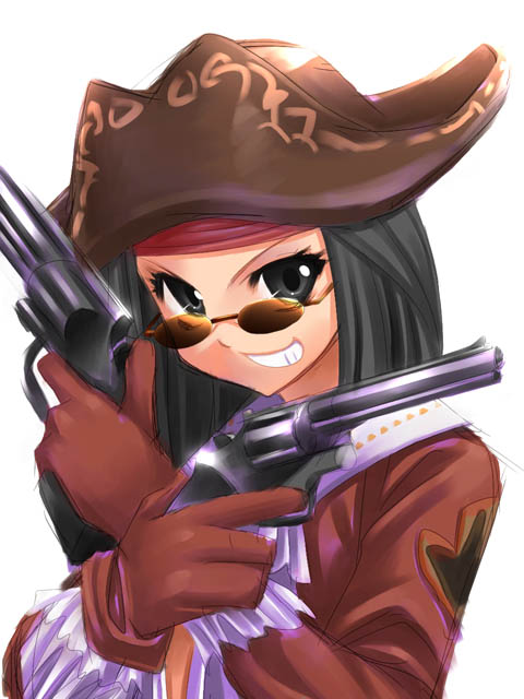 00s 1girl brown-tinted_eyewear corsair corsair_(final_fantasy) dual_wielding female_focus final_fantasy final_fantasy_xi gloves grin gun handgun holding hume revolver smile solo sunglasses tinted_eyewear tori tori_(torinchi) weapon