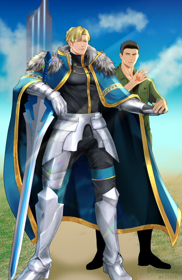 2boys ao_isami armor bara black_hair blonde_hair blue_eyes cape command_spell cosplay couple crouton256 day excalibur_galatine_(fate) facial_hair fate/grand_order fate_(series) full_body fur_trim gauntlets gawain_(fate) gawain_(fate)_(cosplay) knight large_pectorals lewis_smith looking_at_viewer male_focus multiple_boys pectorals short_hair sideburns_stubble stubble thick_eyebrows yaoi yuuki_bakuhatsu_bang_bravern