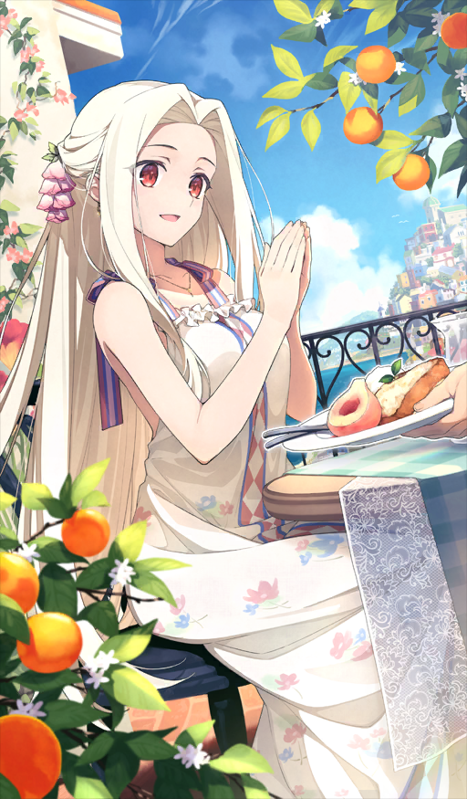 1girl blue_sky breasts dress fate/grand_order fate_(series) food fruit irisviel_von_einzbern large_breasts long_hair official_art open_mouth parted_bangs peach plate red_eyes saipaco sitting sky smile solo_focus table white_dress white_hair