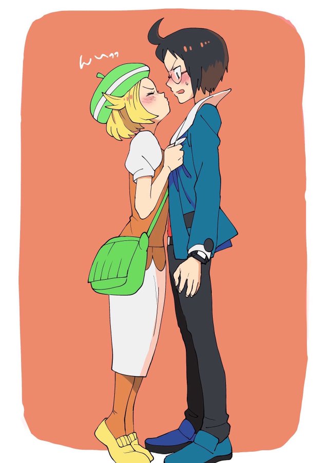 1boy 1girl ahoge bag bianca_(pokemon) black_hair blue_footwear blush cheren_(pokemon) closed_eyes from_behind full_body green_hat hat hetero imminent_kiss kiss nashubi_(to_infinity_wow) nintendo pantyhose pokemon pokemon_bw short_hair skirt tiptoe_kiss tiptoes white_skirt xtransceiver