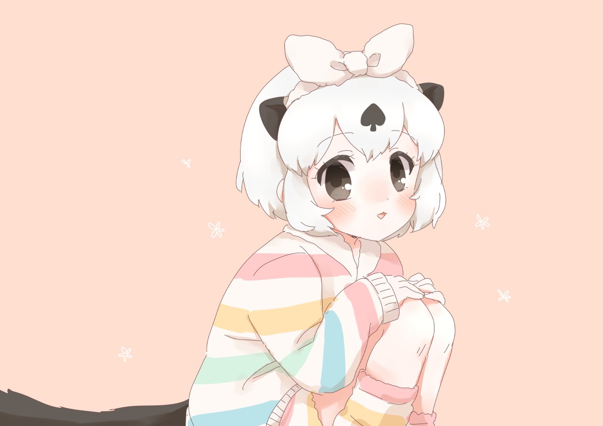 animal_ears black_hair blue_pajamas blush brown_eyes californian_sea_otter_(kemono_friends) commentary_request extra_ears green_pajamas kemono_friends kemono_friends_3 kneeling knees_to_chest kuromitsu_(9633_kmfr) long_sleeves multicolored_hair multicolored_pajamas official_alternate_costume open_mouth otter_ears otter_girl otter_tail pajamas red_pajamas short_hair shorts socks striped_clothes striped_pajamas striped_shorts striped_socks tail two-tone_hair white_hair yellow_pajamas