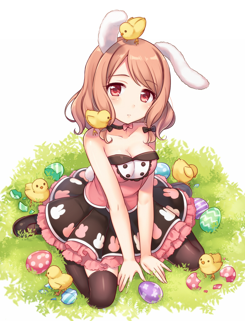 ... 1girl animal_ears animal_print bad_id bad_pixiv_id bare_arms bare_shoulders bird black_thighhighs breasts brown_hair chick cleavage collarbone easter easter_egg egg female_focus hatching looking_at_viewer maki_(natoriumu) original rabbit_ears rabbit_print rabbit_tail red_eyes revision shirt sitting skirt sleeveless solo tail thighhighs thighs too_many too_many_birds too_many_chicks v_arms wariza zettai_ryouiki