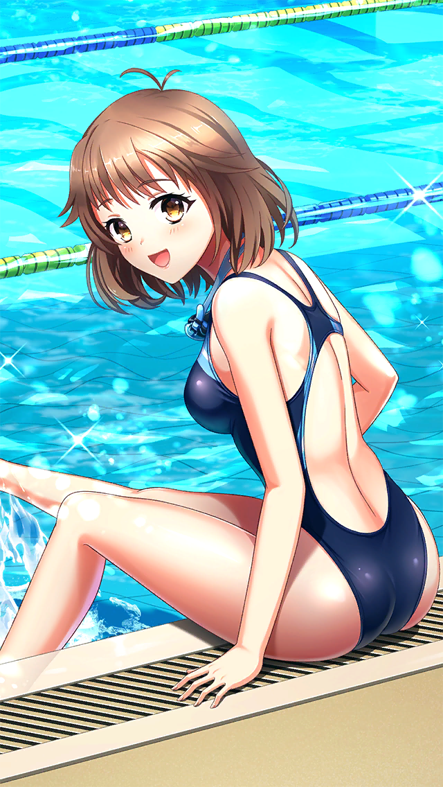 1girl :d antenna_hair ass bare_arms bare_legs black_one-piece_swimsuit breasts brown_eyes brown_hair competition_swimsuit doukyuusei_(series) doukyuusei_another_world game_cg kakyuusei kakyuusei_(series) looking_at_viewer looking_back medium_breasts medium_hair mochida_mahoko official_art one-piece_swimsuit open_mouth pool sitting smile solo sparkle splashing straight_hair swimsuit
