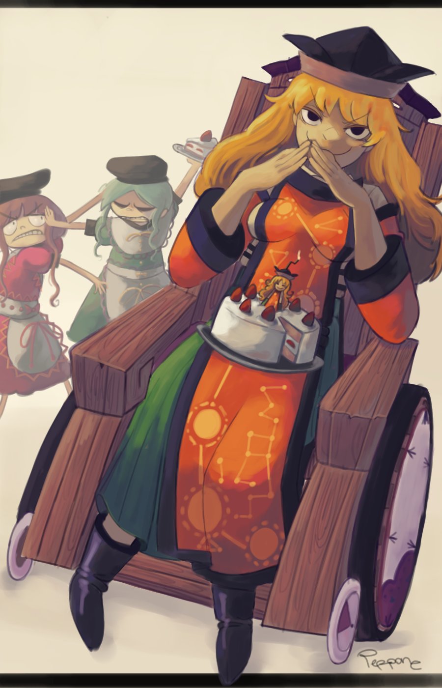 3girls angry birthday_cake black_boots black_eyes blonde_hair boots breasts brown_hair cake cake_slice commission constellation_print covering_own_mouth detached_sleeves dress fighting food full_body green_dress green_hair green_skirt hat highres long_hair matara_okina multiple_girls nishida_satono orange_tabard pepponeppo red_dress simple_background skirt smile smug tabard teireida_mai touhou wheelchair
