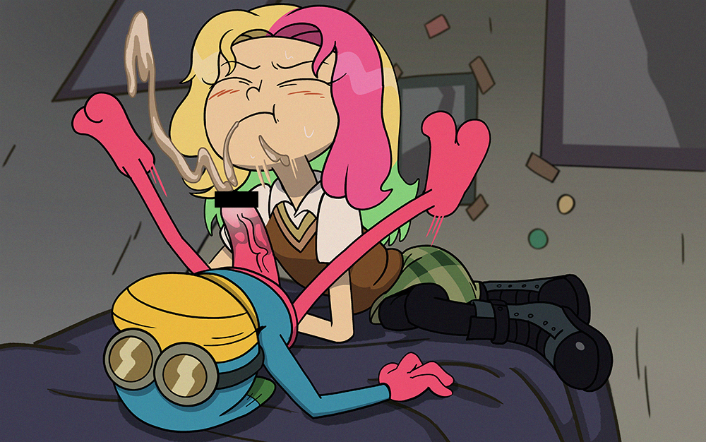 1boy 1girl after_fellatio amphibia bed bedroom blonde_hair blush boots censored closed_eyes collared_shirt colored_skin covered_face ctfbm cum frog_boy full_body green_hair green_skirt indoors long_hair lying molly_jo multicolored_hair pantyhose penis pink_hair pink_skin round_eyewear shirt skirt sprig_plantar sweatdrop sweater_vest toon_(style)