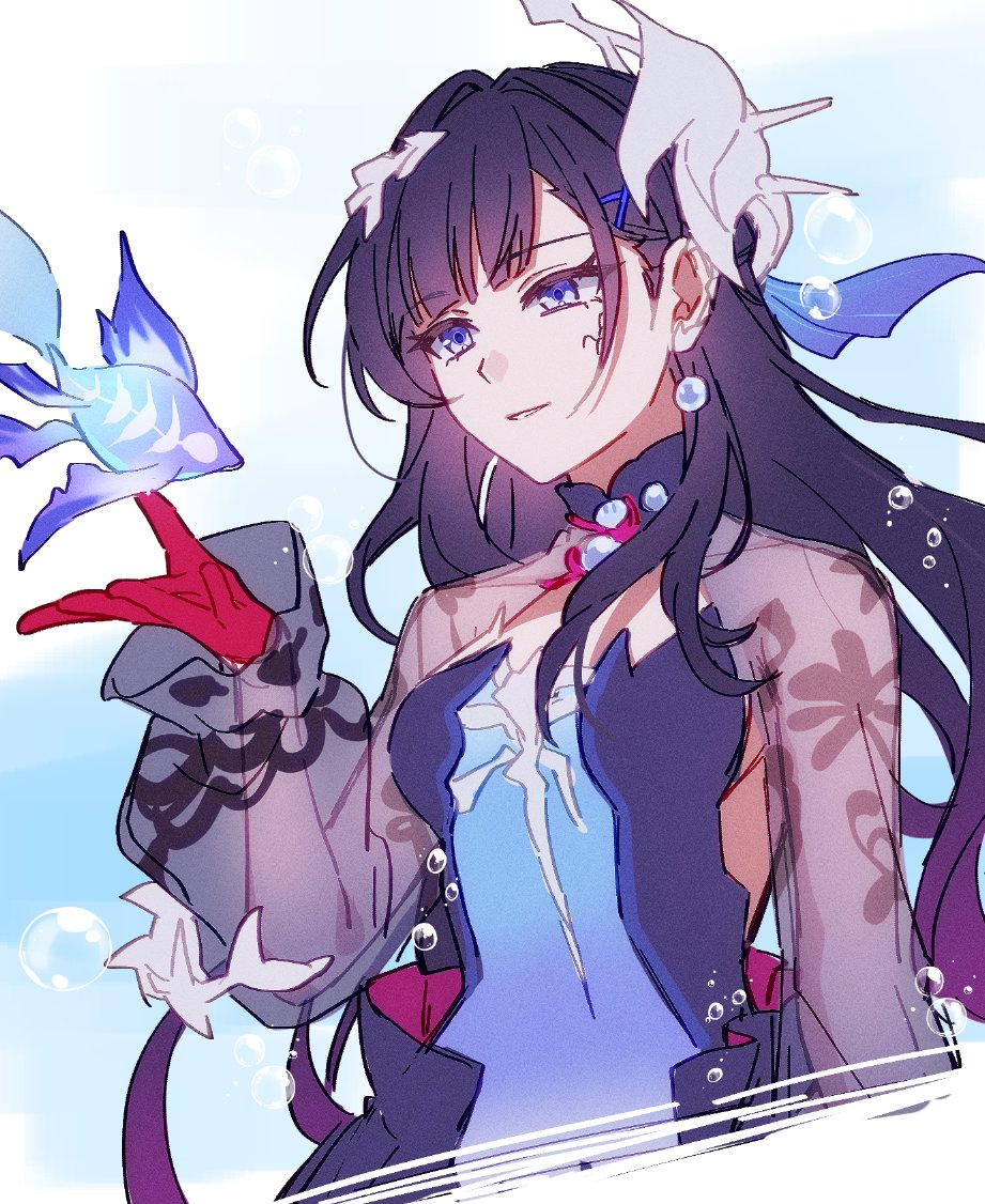 1girl black_hair blue_dress blue_eyes breasts commentary_request dress fish gloves hair_ornament honkai:_star_rail honkai_(series) hysilens_(honkai:_star_rail) long_hair long_sleeves parted_lips pochimaru_(marumaru_wanwan) red_gloves see-through_clothes see-through_sleeves shrug_(clothing) small_breasts smile solo upper_body very_long_hair