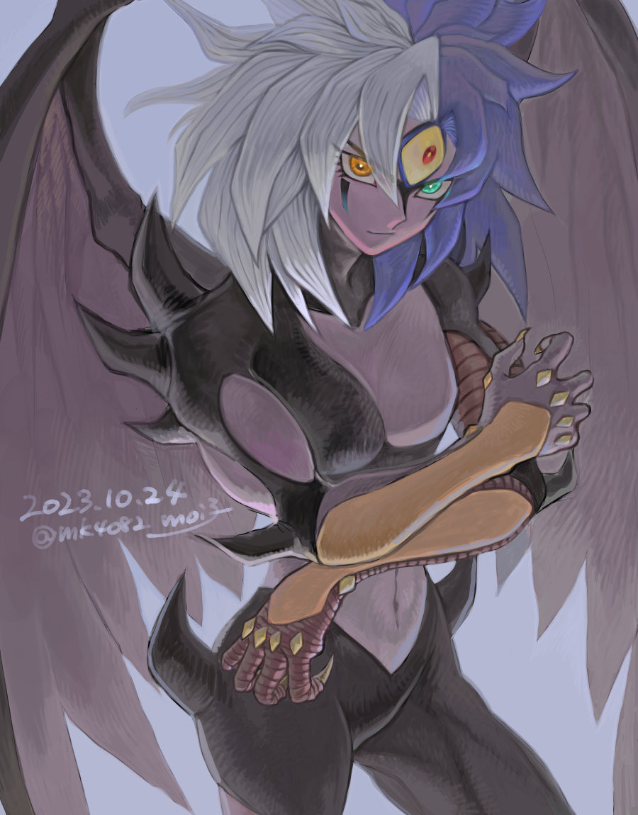 1other black_bodysuit bodysuit claws closed_mouth clothing_cutout dated demon_wings eyelashes green_eyes grey_background heterochromia long_hair looking_at_viewer moiko multicolored_hair navel orange_hair pectorals solo split-color_hair third_eye twitter_username wings yu-gi-oh! yu-gi-oh!_gx yubel