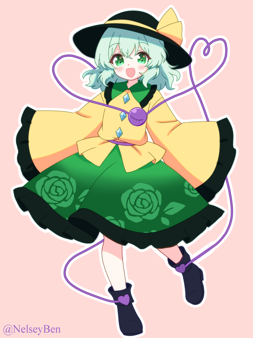 1girl black_boots black_hat blush bnelsey boots buttons collared_shirt commentary diamond_button english_commentary eyeball floral_print frilled_shirt_collar frilled_sleeves frills green_eyes green_hair green_skirt hat hat_ribbon heart heart_of_string komeiji_koishi long_hair long_sleeves looking_at_viewer open_mouth outline paid_reward_available pink_background print_skirt ribbon rose_print shirt simple_background skirt smile solo third_eye touhou twitter_username white_outline wide_sleeves yellow_ribbon yellow_shirt
